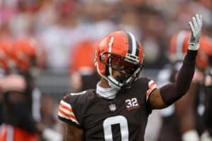 Greg Newsome II #0 of the Cleveland Browns reacts during the first half against the Cincinnati Bengals at Cleveland Browns Stadium on September 10, 2023 in Cleveland, Ohio.