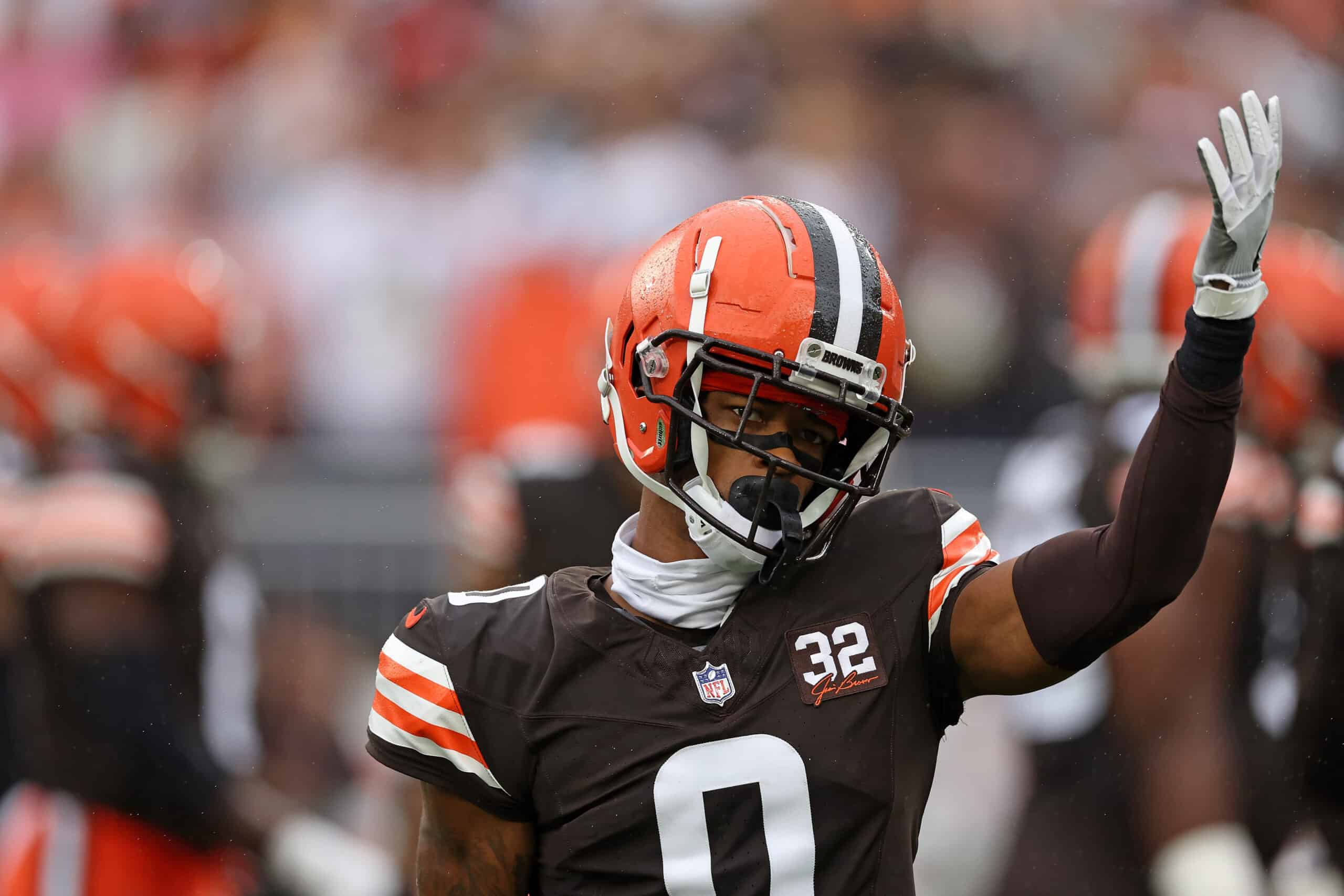 Greg Newsome II #0 of the Cleveland Browns reacts during the first half against the Cincinnati Bengals at Cleveland Browns Stadium on September 10, 2023 in Cleveland, Ohio.