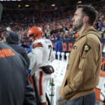 DENVER, COLORADO - NOVEMBER 26: Joe Flacco of the Cleveland Browns looks on in the fourth quarter of the game against the Denver Broncos at Empower Field At Mile High on November 26, 2023 in Denver, Colorado.