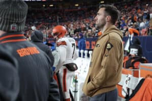 DENVER, COLORADO - NOVEMBER 26: Joe Flacco of the Cleveland Browns looks on in the fourth quarter of the game against the Denver Broncos at Empower Field At Mile High on November 26, 2023 in Denver, Colorado.