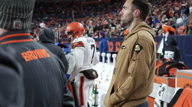 DENVER, COLORADO - NOVEMBER 26: Joe Flacco of the Cleveland Browns looks on in the fourth quarter of the game against the Denver Broncos at Empower Field At Mile High on November 26, 2023 in Denver, Colorado.