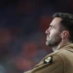 DENVER, COLORADO - NOVEMBER 26: Joe Flacco of the Cleveland Browns looks on in the fourth quarter of the game against the Denver Broncos at Empower Field At Mile High on November 26, 2023 in Denver, Colorado.