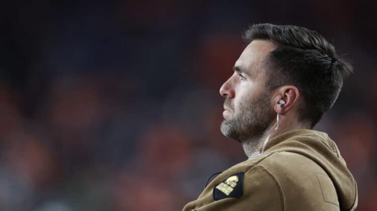 DENVER, COLORADO - NOVEMBER 26: Joe Flacco of the Cleveland Browns looks on in the fourth quarter of the game against the Denver Broncos at Empower Field At Mile High on November 26, 2023 in Denver, Colorado.