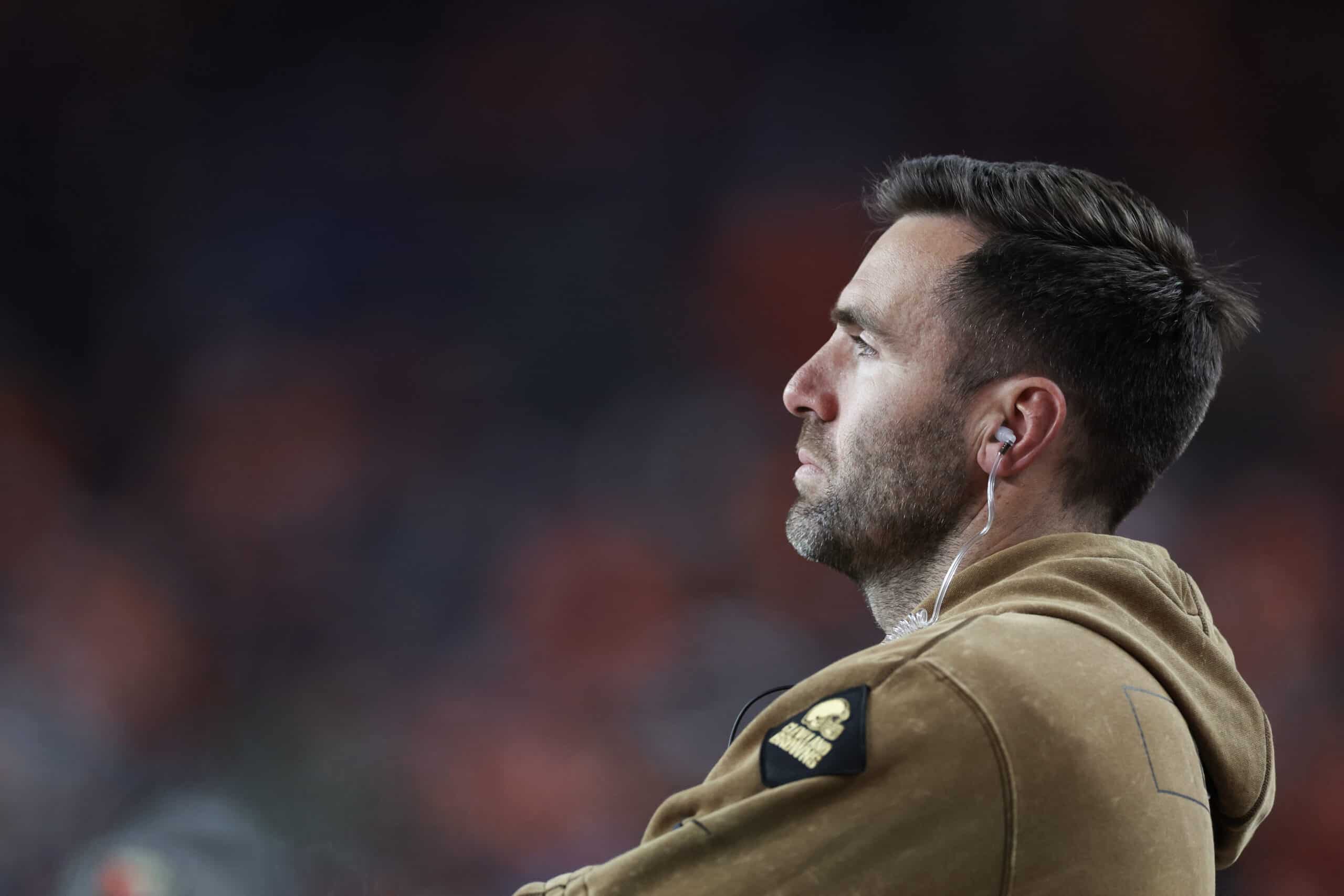 DENVER, COLORADO - NOVEMBER 26: Joe Flacco of the Cleveland Browns looks on in the fourth quarter of the game against the Denver Broncos at Empower Field At Mile High on November 26, 2023 in Denver, Colorado.