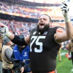 Joel Bitonio #75 of the Cleveland Browns celebrates after beating the Pittsburgh Steelers 13-10 at Cleveland Browns Stadium on November 19, 2023 in Cleveland, Ohio.