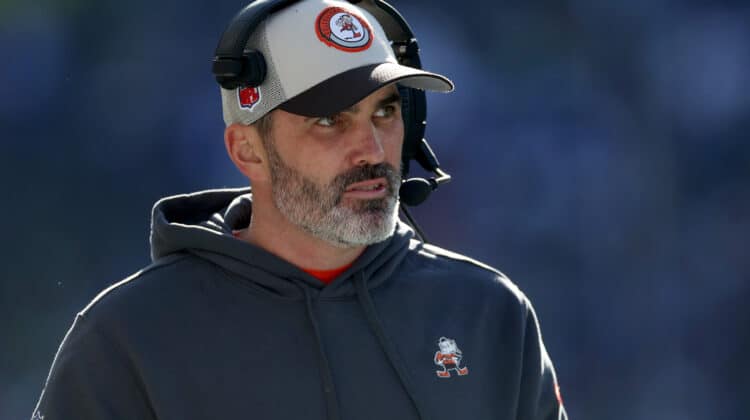 Head coach Kevin Stefanski of the Cleveland Browns looks on during the second quarter against the Seattle Seahawks at Lumen Field on October 29, 2023 in Seattle, Washington.