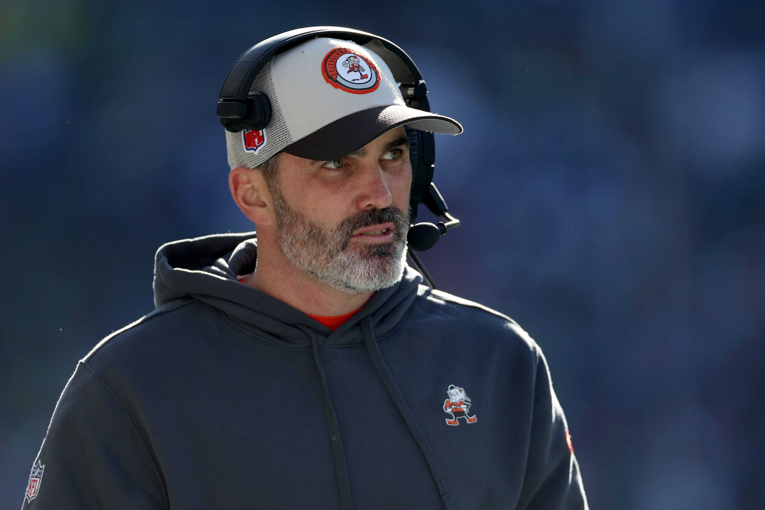 Head coach Kevin Stefanski of the Cleveland Browns looks on during the second quarter against the Seattle Seahawks at Lumen Field on October 29, 2023 in Seattle, Washington.