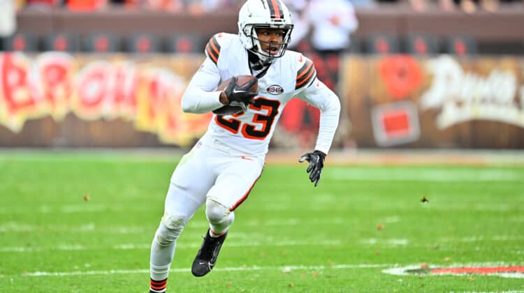 Martin Emerson Jr. #23 of the Cleveland Browns returns an interception during the third quarter against the San Francisco 49ers at Cleveland Browns Stadium on October 15, 2023 in Cleveland, Ohio.