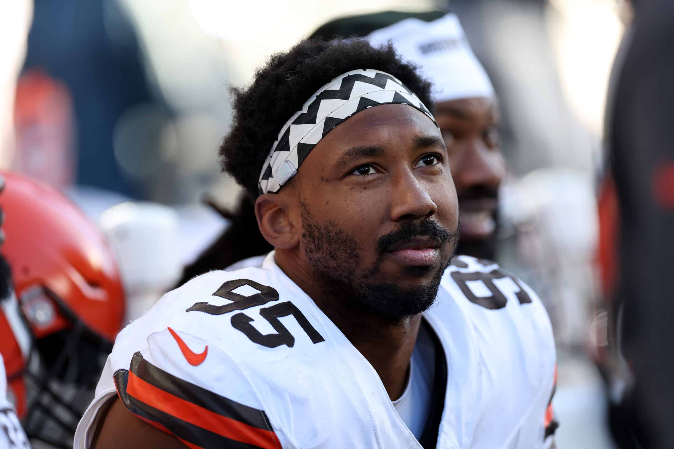 Myles Garrett #95 of the Cleveland Browns looks on during the third quarter against the Seattle Seahawks at Lumen Field on October 29, 2023 in Seattle, Washington.