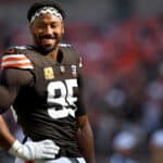 Myles Garrett #95 of the Cleveland Browns looks on before the game against the Arizona Cardinals at Cleveland Browns Stadium on November 05, 2023 in Cleveland, Ohio.