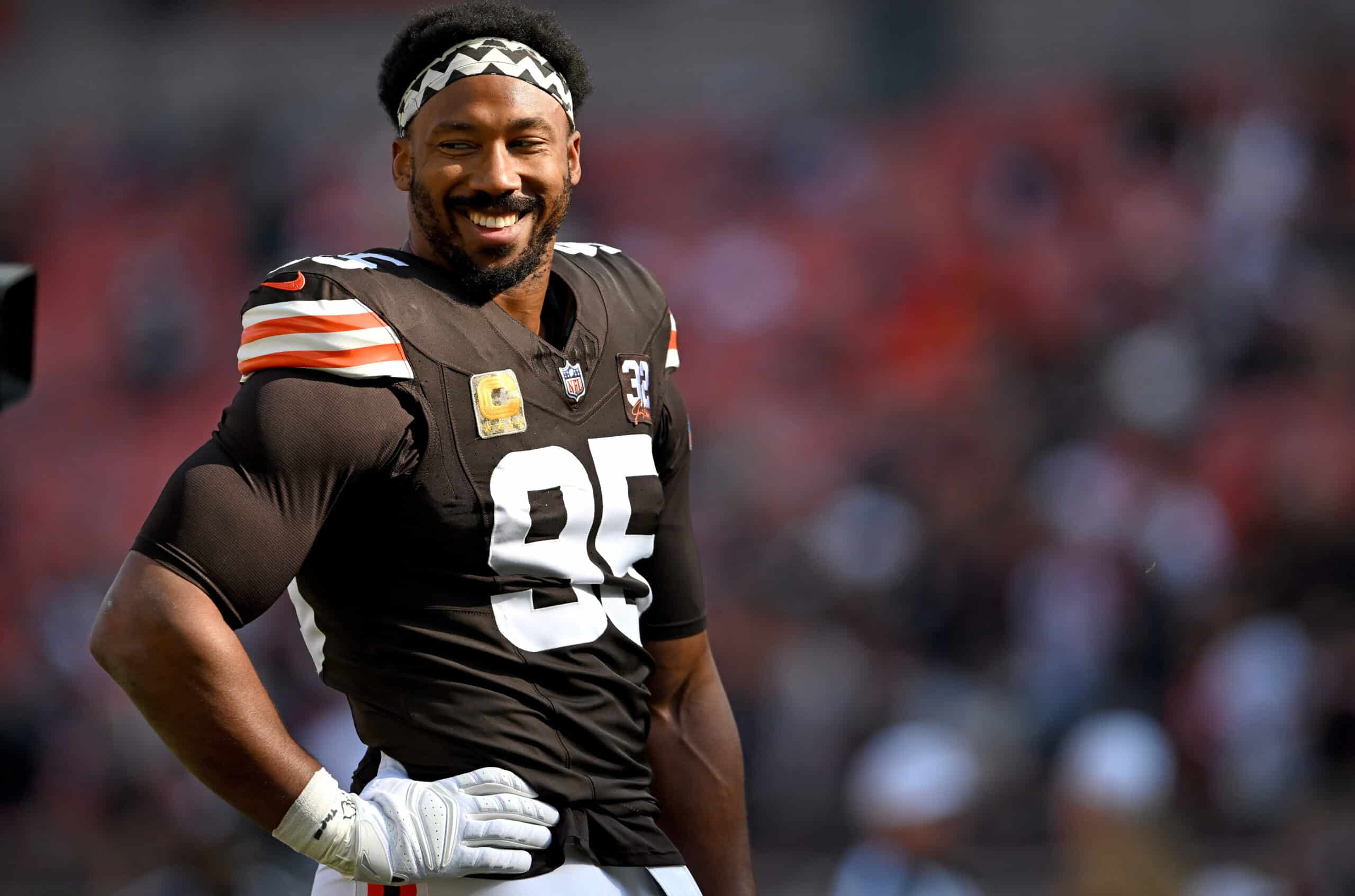 Myles Garrett #95 of the Cleveland Browns looks on before the game against the Arizona Cardinals at Cleveland Browns Stadium on November 05, 2023 in Cleveland, Ohio.