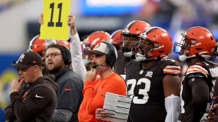 INGLEWOOD, CALIFORNIA - DECEMBER 03: Kevin Stefanski of the Cleveland Browns watches during a 36-19 loss to the Los Angeles Rams at SoFi Stadium on December 03, 2023 in Inglewood, California.