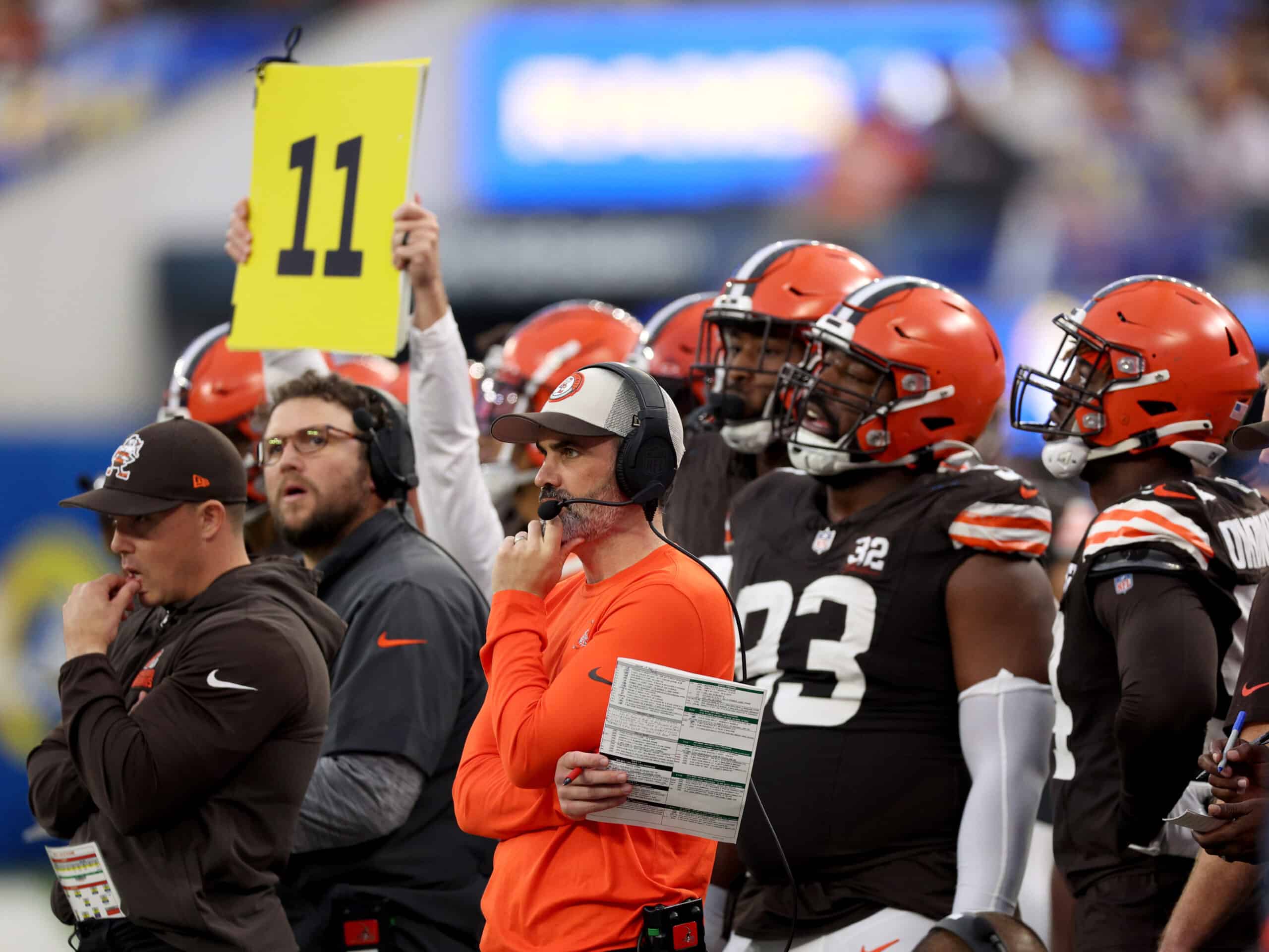 INGLEWOOD, CALIFORNIA - DECEMBER 03: Kevin Stefanski of the Cleveland Browns watches during a 36-19 loss to the Los Angeles Rams at SoFi Stadium on December 03, 2023 in Inglewood, California.