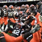 CLEVELAND, OHIO - DECEMBER 17: D'Anthony Bell #37 of the Cleveland Browns celebrates with teammates after intercepting a pass in the end zone during the fourth quarter to win the game over the Chicago Bears at Cleveland Browns Stadium on December 17, 2023 in Cleveland, Ohio.