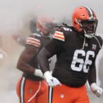 CLEVELAND, OHIO - SEPTEMBER 10: James Hudson III #66 of the Cleveland Browns takes the field prior to the game against the Houston Texans at Cleveland Browns Stadium on September 10, 2023 in Cleveland, Ohio.