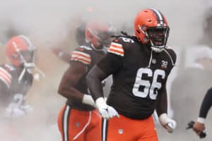 CLEVELAND, OHIO - SEPTEMBER 10: James Hudson III #66 of the Cleveland Browns takes the field prior to the game against the Houston Texans at Cleveland Browns Stadium on September 10, 2023 in Cleveland, Ohio.