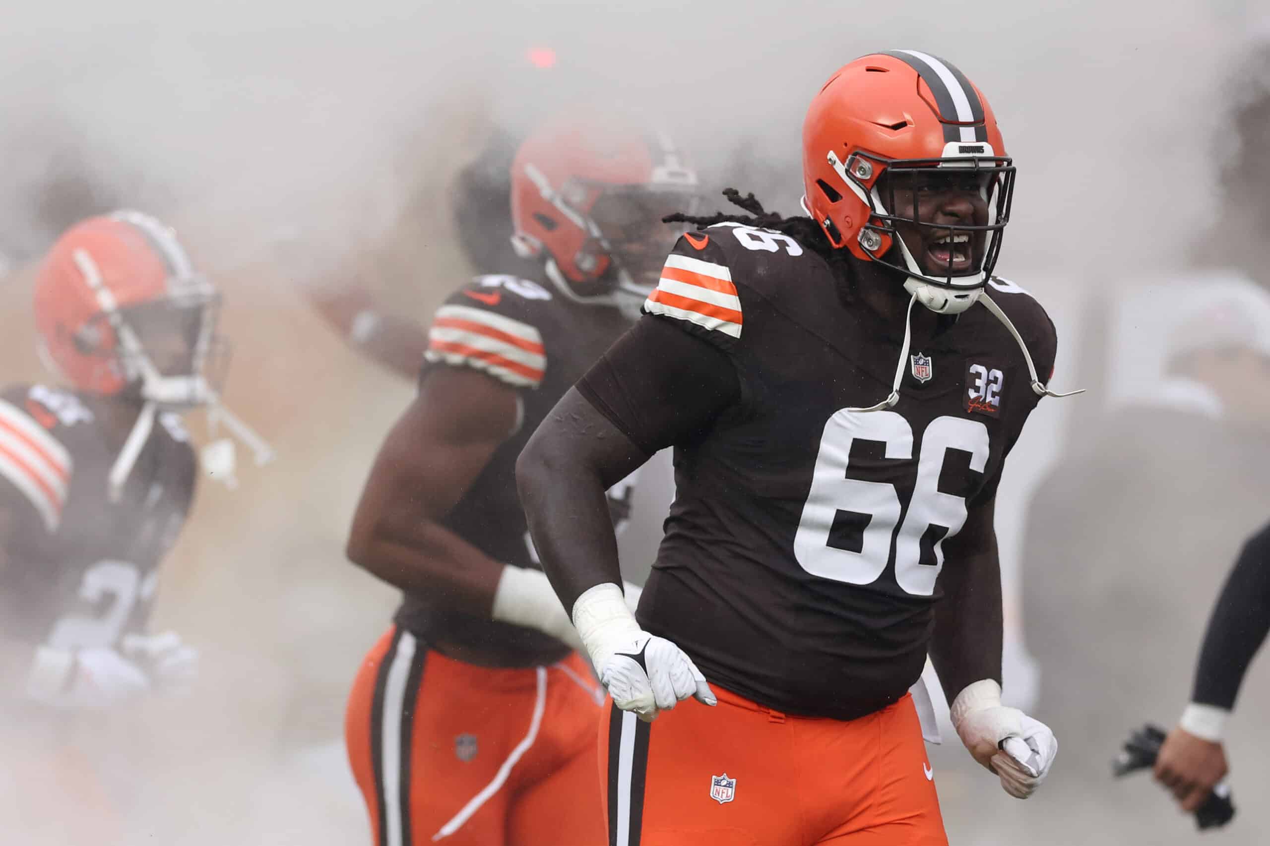 CLEVELAND, OHIO - SEPTEMBER 10: James Hudson III #66 of the Cleveland Browns takes the field prior to the game against the Houston Texans at Cleveland Browns Stadium on September 10, 2023 in Cleveland, Ohio.