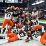 HOUSTON, TEXAS - DECEMBER 24: Jeremiah Owusu-Koramoah #6 of the Cleveland Browns celebrates an interception with his teammates during the second quarter against the Houston Texans at NRG Stadium on December 24, 2023 in Houston, Texas.