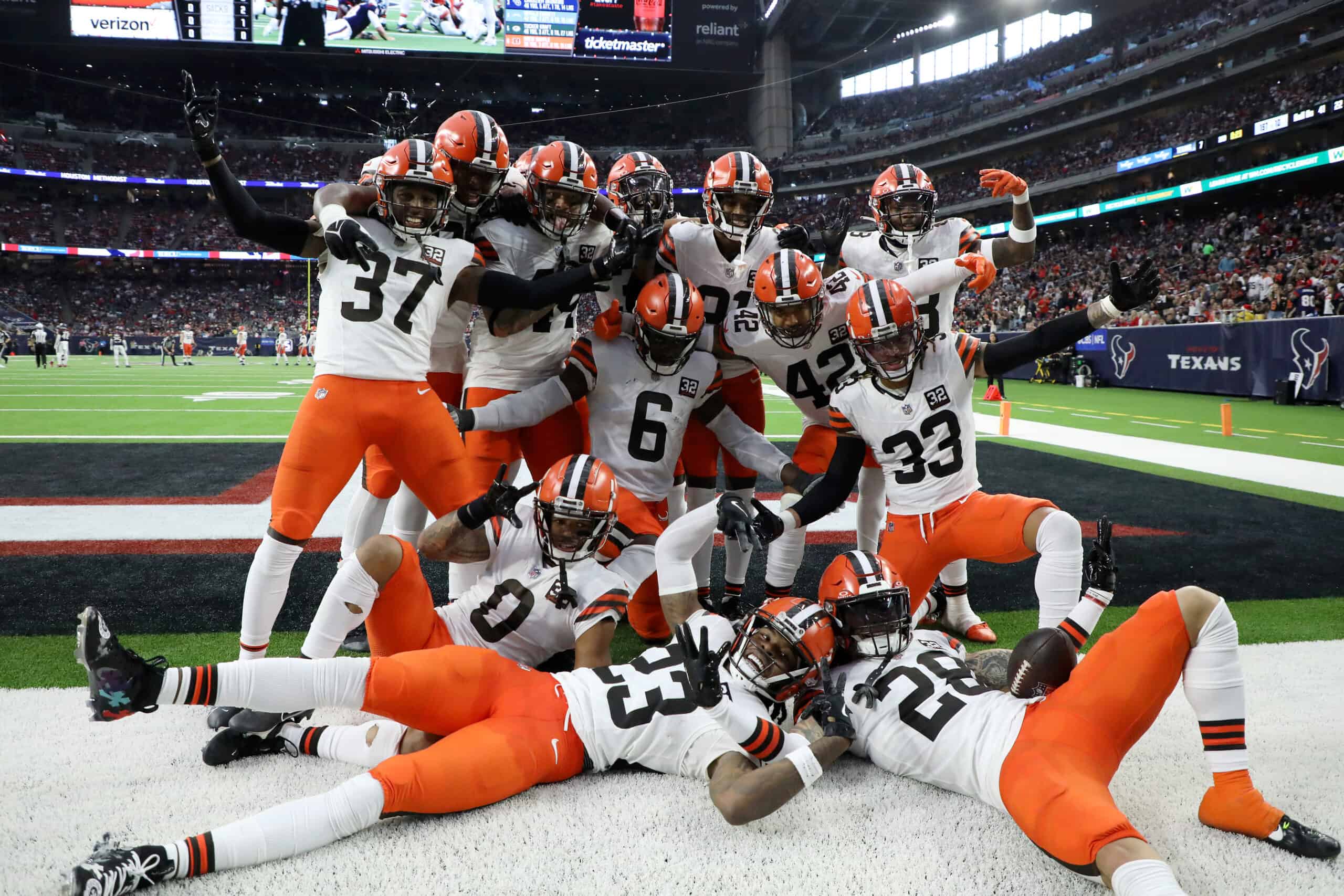 HOUSTON, TEXAS - DECEMBER 24: Jeremiah Owusu-Koramoah #6 of the Cleveland Browns celebrates an interception with his teammates during the second quarter against the Houston Texans at NRG Stadium on December 24, 2023 in Houston, Texas.