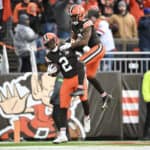 CLEVELAND, OHIO - DECEMBER 17: Amari Cooper #2 of the Cleveland Browns celebrates a touchdown during the fourth quarter of a game against the Chicago Bears at Cleveland Browns Stadium on December 17, 2023 in Cleveland, Ohio.
