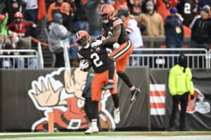 CLEVELAND, OHIO - DECEMBER 17: Amari Cooper #2 of the Cleveland Browns celebrates a touchdown during the fourth quarter of a game against the Chicago Bears at Cleveland Browns Stadium on December 17, 2023 in Cleveland, Ohio.