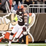 CLEVELAND, OHIO - DECEMBER 10: David Njoku #85 of the Cleveland Browns reacts after a touchdown during the second quarter against the Jacksonville Jaguars at Cleveland Browns Stadium on December 10, 2023 in Cleveland, Ohio.