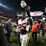 CLEVELAND, OHIO - DECEMBER 28: David Njoku #85 of the Cleveland Browns celebrates after their win against the New York Jets at Cleveland Browns Stadium on December 28, 2023 in Cleveland, Ohio.