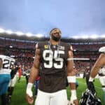 Myles Garrett #95 of the Cleveland Browns reacts after the game against the Jacksonville Jaguars at Cleveland Browns Stadium on December 10, 2023 in Cleveland, Ohio.