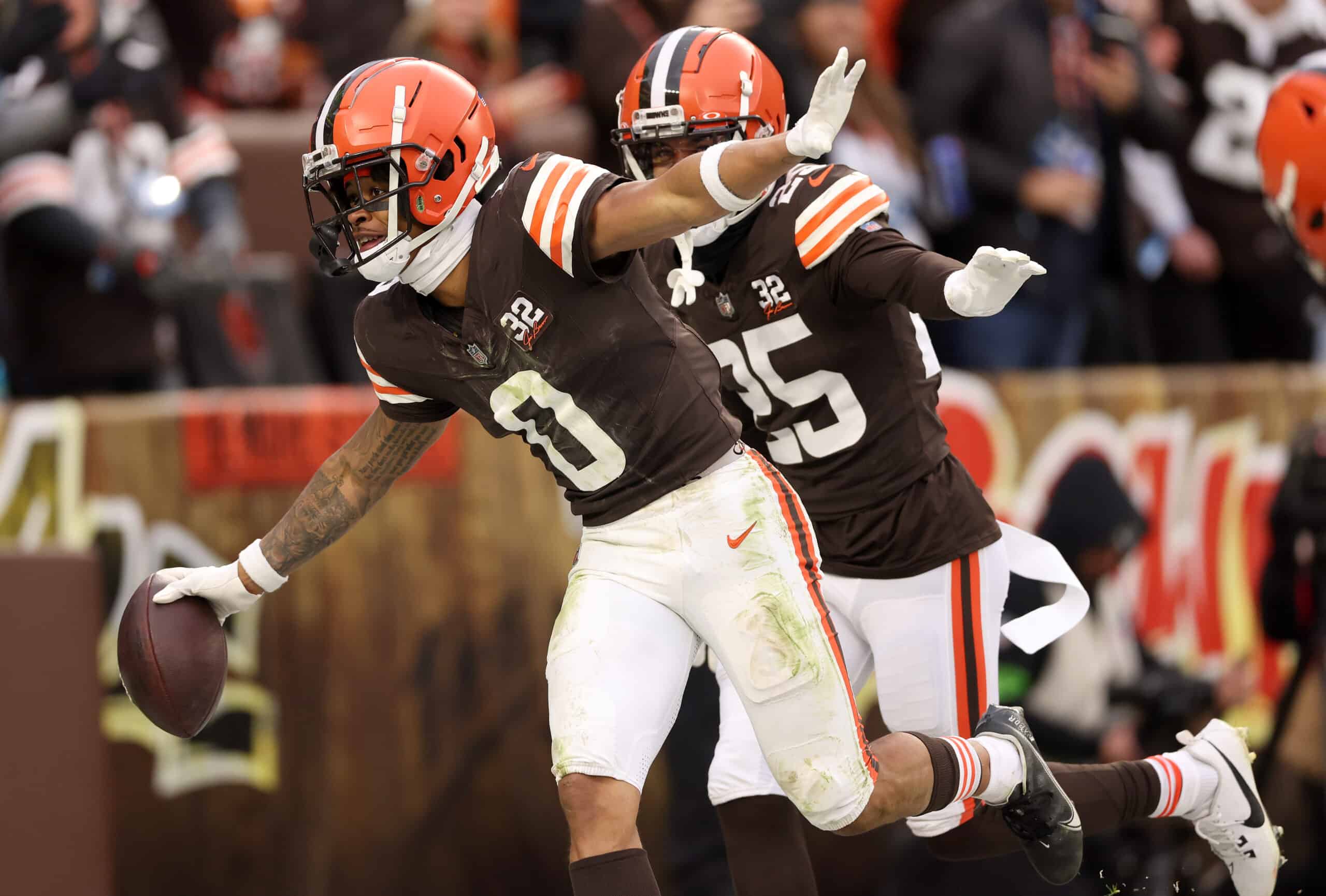 CLEVELAND, OHIO - DECEMBER 10: Greg Newsome II #0 of the Cleveland Browns reacts after an interception intended for Calvin Ridley #0 of the Jacksonville Jaguars during the fourth quarter at Cleveland Browns Stadium on December 10, 2023 in Cleveland, Ohio