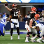 INGLEWOOD, CALIFORNIA - DECEMBER 03: Joe Flacco #15 of the Cleveland Browns passes as he is rushed by Ernest Jones #53 of the Los Angeles Rams during a 36-19 loss to the Los Angeles Rams at SoFi Stadium on December 03, 2023 in Inglewood, California.