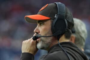 HOUSTON, TEXAS - DECEMBER 24: Head coach Kevin Stefanski of the Cleveland Browns looks on against the Houston Texans during the first quarter at NRG Stadium on December 24, 2023 in Houston, Texas.