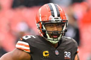 CLEVELAND, OHIO - DECEMBER 10: Myles Garrett #95 of the Cleveland Browns warms up before the game against the Jacksonville Jaguars at Cleveland Browns Stadium on December 10, 2023 in Cleveland, Ohio.