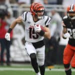 CLEVELAND, OHIO - SEPTEMBER 10: Charlie Jones #15 of the Cincinnati Bengals plays against the Cleveland Browns at Cleveland Browns Stadium on September 10, 2023 in Cleveland, Ohio