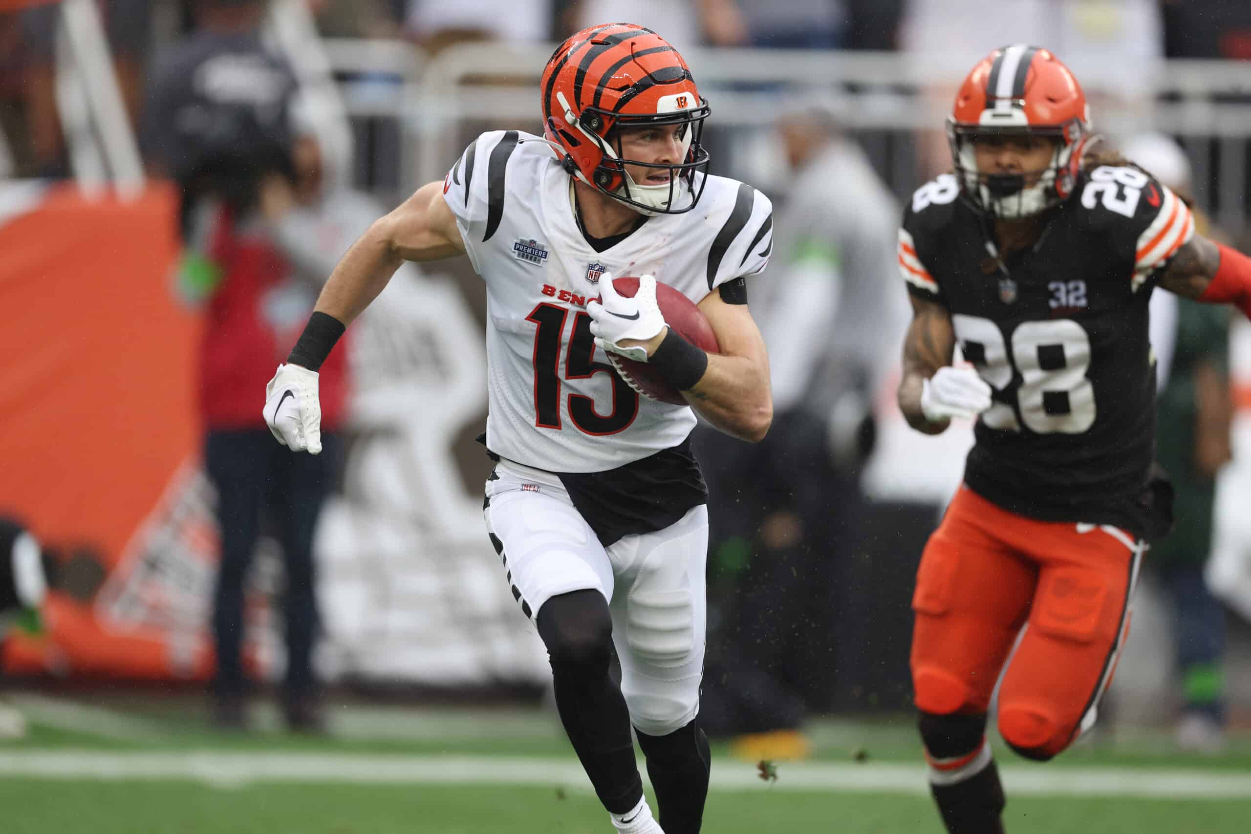 CLEVELAND, OHIO - SEPTEMBER 10: Charlie Jones #15 of the Cincinnati Bengals plays against the Cleveland Browns at Cleveland Browns Stadium on September 10, 2023 in Cleveland, Ohio