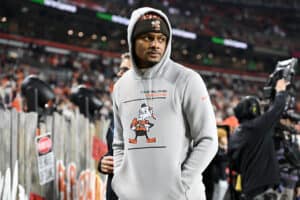 CLEVELAND, OHIO - DECEMBER 28: Deshaun Watson #4 looks on prior to playing the New York Jets at Cleveland Browns Stadium on December 28, 2023 in Cleveland, Ohio.