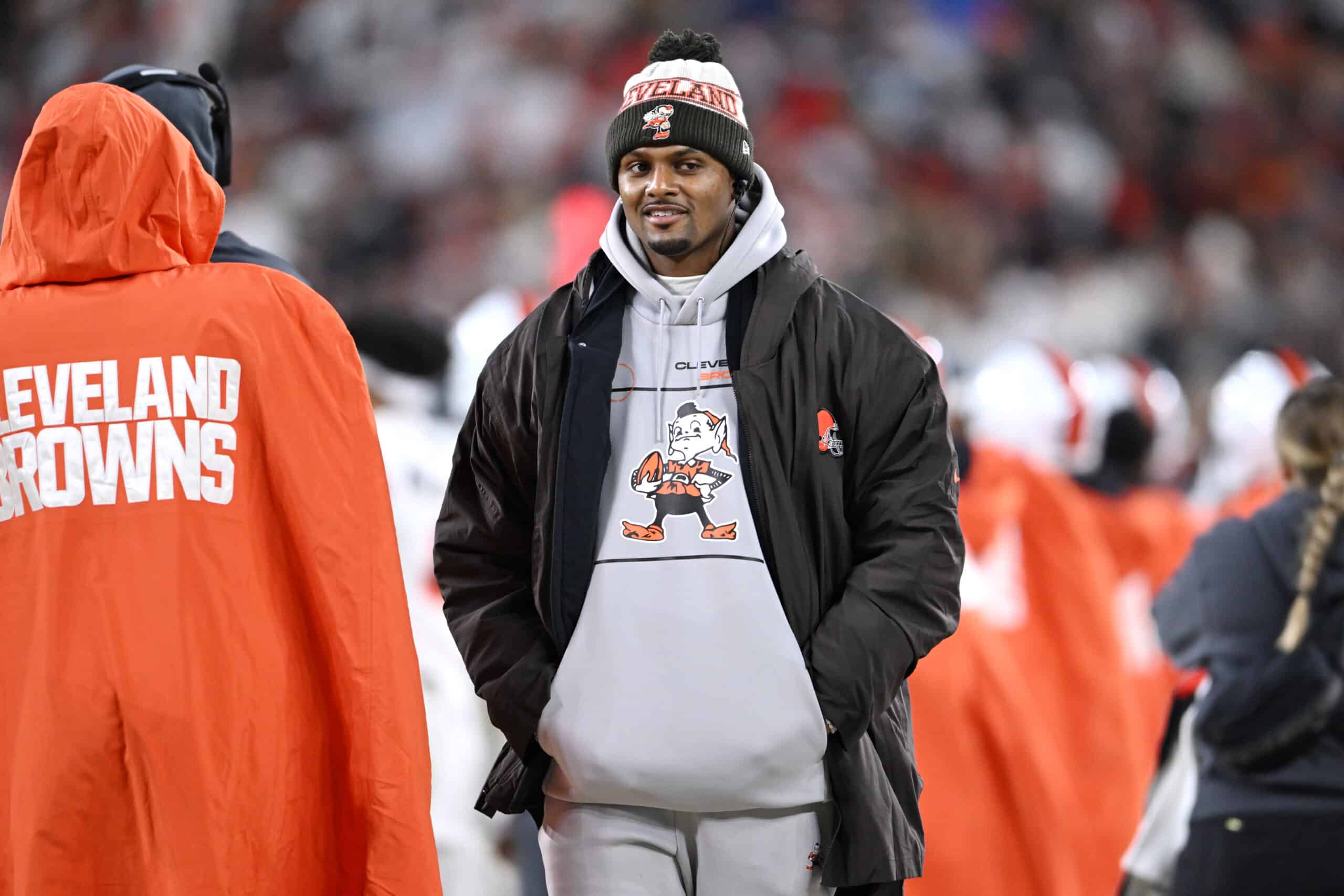 CLEVELAND, OHIO - DECEMBER 28: Deshaun Watson of the Cleveland Browns is seen on the sidelines in the second half against the New York Jets at Cleveland Browns Stadium on December 28, 2023 in Cleveland, Ohio.