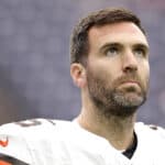 HOUSTON, TEXAS - JANUARY 13: Joe Flacco #15 of the Cleveland Browns warms up prior to the AFC Wild Card Playoffs against the Houston Texans at NRG Stadium on January 13, 2024 in Houston, Texas.
