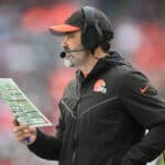 CLEVELAND, OHIO - DECEMBER 17: Head coach Kevin Stefanski of the Cleveland Browns looks on during the first half of a game against the Chicago Bears at Cleveland Browns Stadium on December 17, 2023 in Cleveland, Ohio.
