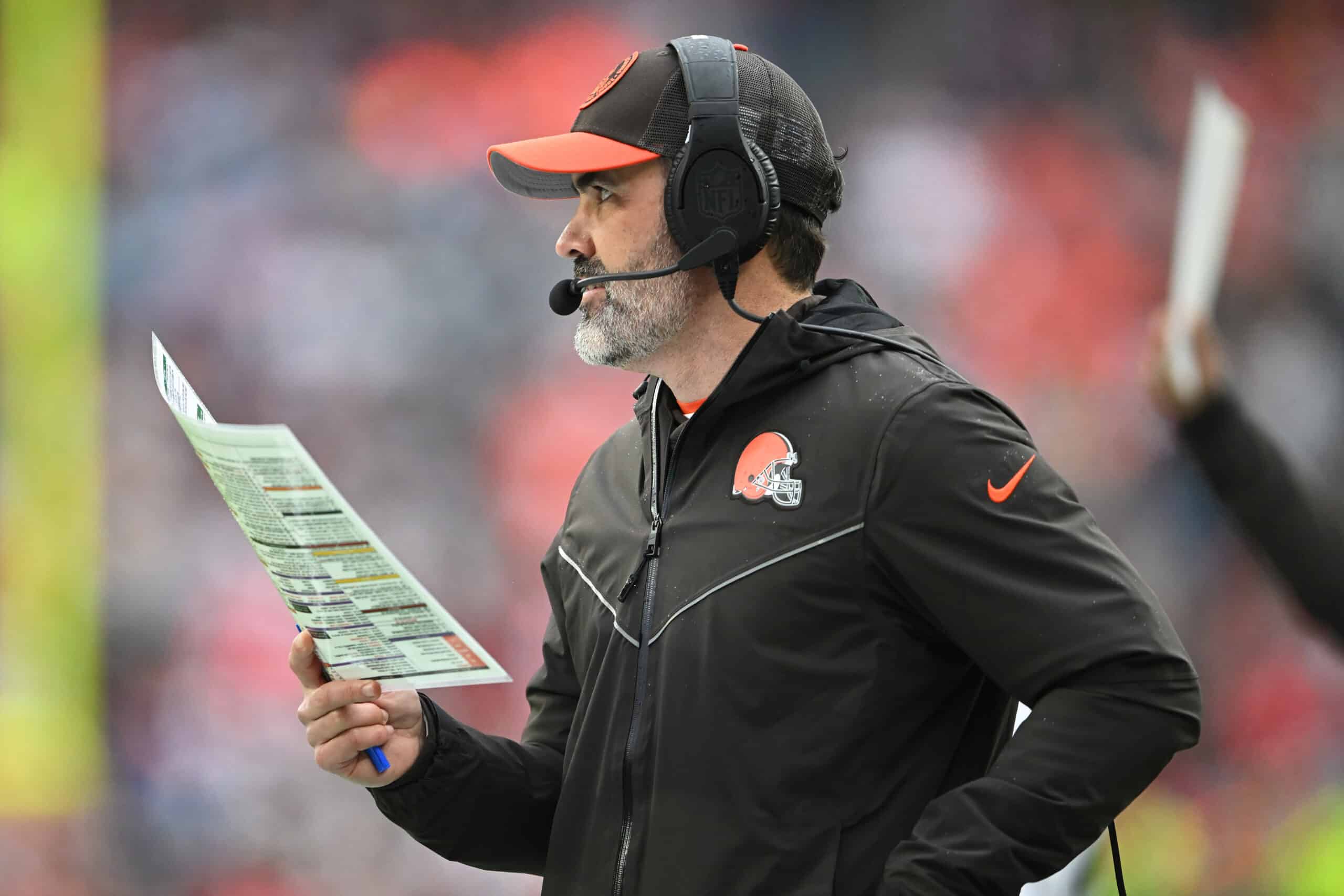 CLEVELAND, OHIO - DECEMBER 17: Head coach Kevin Stefanski of the Cleveland Browns looks on during the first half of a game against the Chicago Bears at Cleveland Browns Stadium on December 17, 2023 in Cleveland, Ohio.