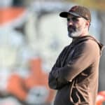 Head coach Kevin Stefanski of the Cleveland Browns looks on during a practice at CrossCountry Mortgage Campus on November 15, 2023 in Berea, Ohio.