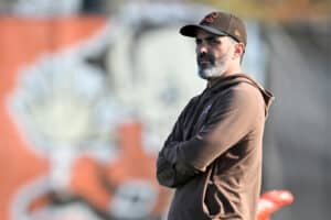 Head coach Kevin Stefanski of the Cleveland Browns looks on during a practice at CrossCountry Mortgage Campus on November 15, 2023 in Berea, Ohio.