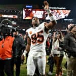 Myles Garrett #95 of the Cleveland Browns celebrates after their win against the New York Jets at Cleveland Browns Stadium on December 28, 2023 in Cleveland, Ohio.