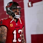 Mike Evans #13 of the Tampa Bay Buccaneers looks on prior to the NFC Wild Card Playoffs against the Philadelphia Eagles at Raymond James Stadium on January 15, 2024 in Tampa, Florida.