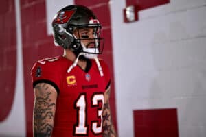 Mike Evans #13 of the Tampa Bay Buccaneers looks on prior to the NFC Wild Card Playoffs against the Philadelphia Eagles at Raymond James Stadium on January 15, 2024 in Tampa, Florida.