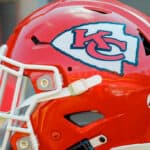 A #16 decal on the back of the Kansas City Chiefs helmet pays tribute to Hall of Fame quarterback Len Dawson, who died this week at the age of 87. The Green Bay Packers play the Kansas City Chiefs in the third preseason game at Arrowhead Stadium on August 25, 2022 in Kansas City, Missouri.