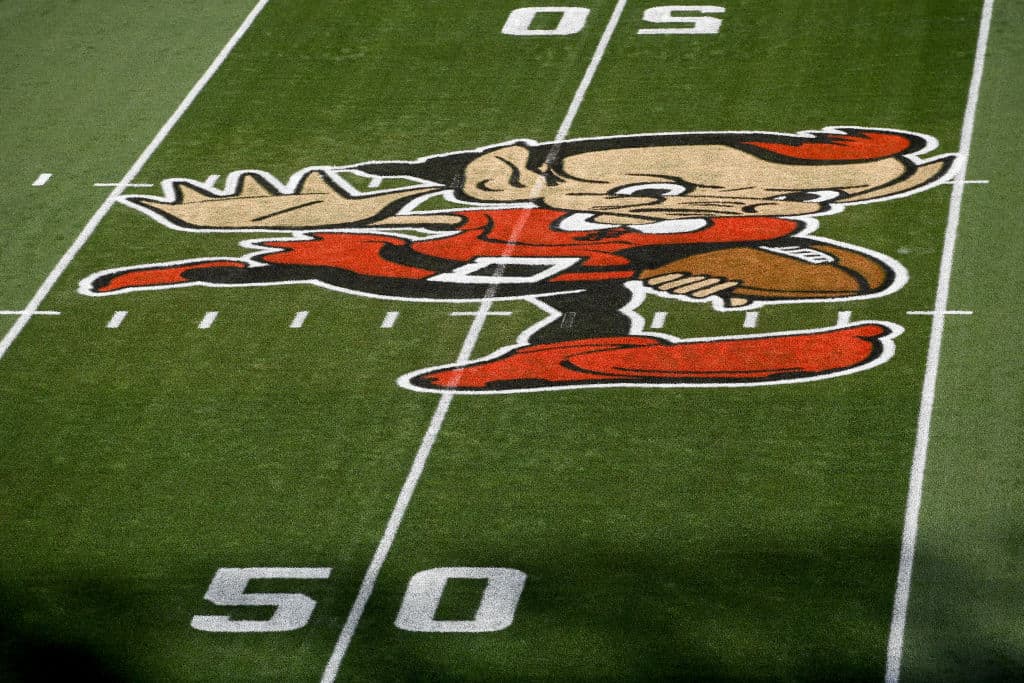 A general view of Brownie the Elf painted on the field before the game between the New York Jets and Cleveland Browns at FirstEnergy Stadium on September 18, 2022 in Cleveland, Ohio.