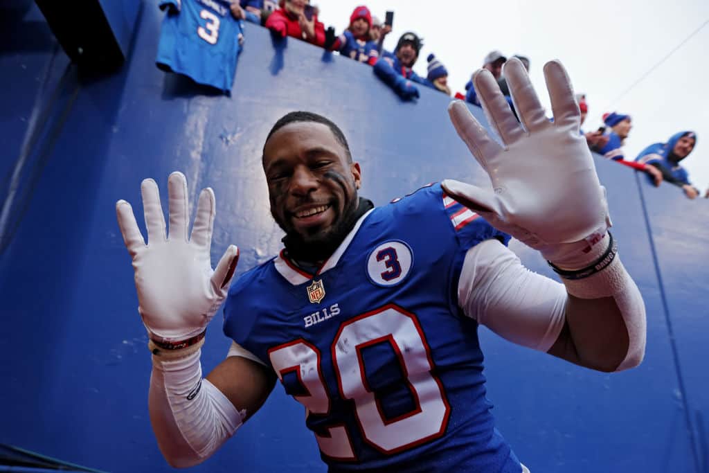 Nyheim Hines #20 of the Buffalo Bills celebrates after Buffalo's 35-23 win against the New England Patriots at Highmark Stadium on January 08, 2023 in Orchard Park, New York.