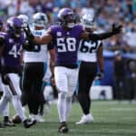 Jordan Hicks #58 of the Minnesota Vikings reacts against the Carolina Panthers during the fourth quarter at Bank of America Stadium on October 01, 2023 in Charlotte, North Carolina.