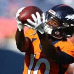 Jerry Jeudy #10 of the Denver Broncos warms up prior to a game against the Green Bay Packers at Empower Field At Mile High on October 22, 2023 in Denver, Colorado.