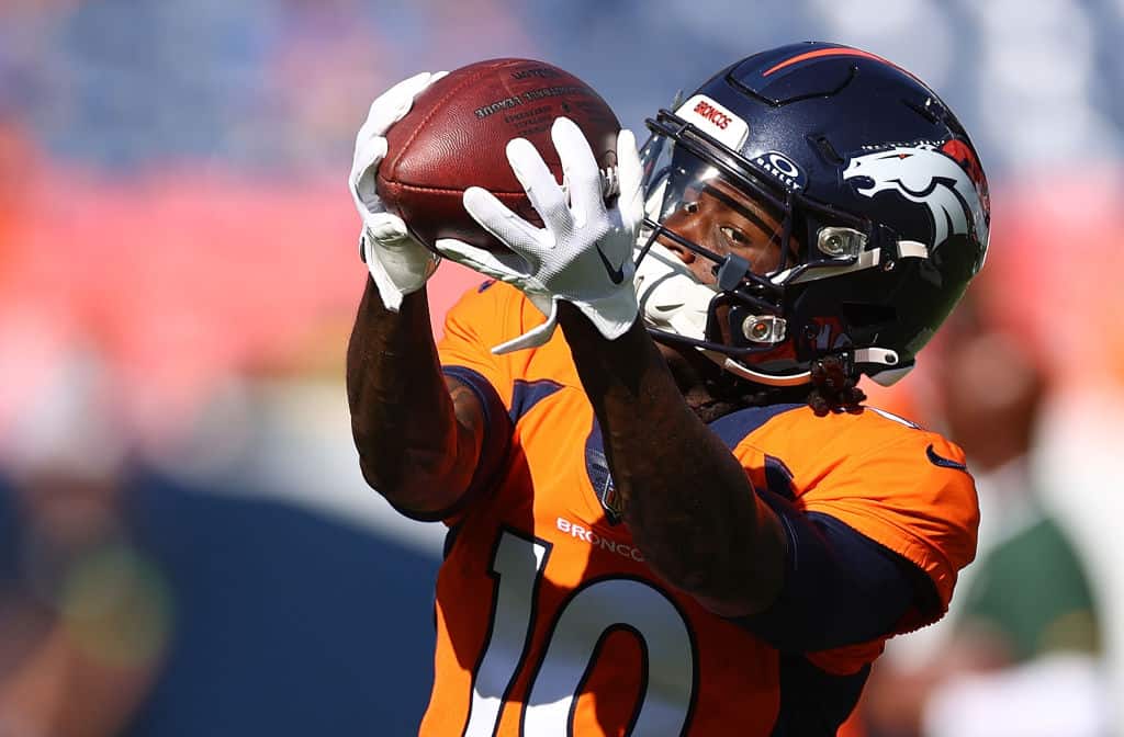 Jerry Jeudy #10 of the Denver Broncos warms up prior to a game against the Green Bay Packers at Empower Field At Mile High on October 22, 2023 in Denver, Colorado.